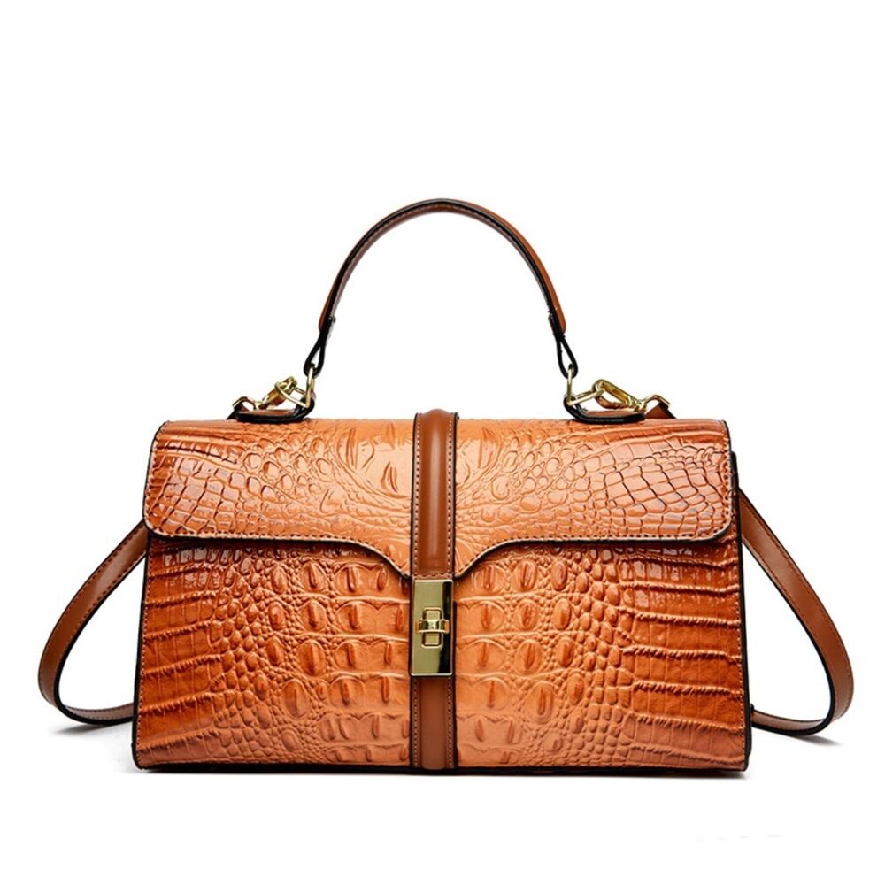 1084 Vegan Leather Satchel Shoulder Bag Trendy Crocodile Patterned Totes